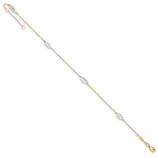 14K Two-Tone Gold Diamond-Cut Leaf Anklet, 9 Inches + 1 Inch Extension 