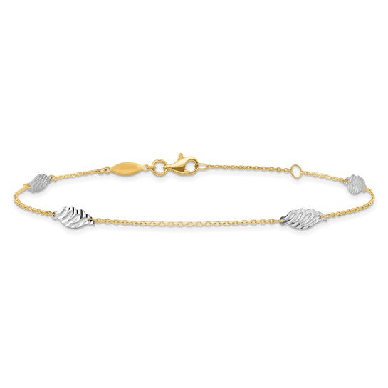 Tobillera de Oro Bicolor de 14K con Cortado a Diamante en Forma de Hoja de 9 Pulgadas + 1 Pulgada de Extensión