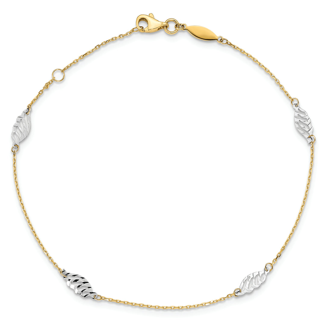 Tobillera de Oro Bicolor de 14K con Cortado a Diamante en Forma de Hoja de 9 Pulgadas + 1 Pulgada de Extensión