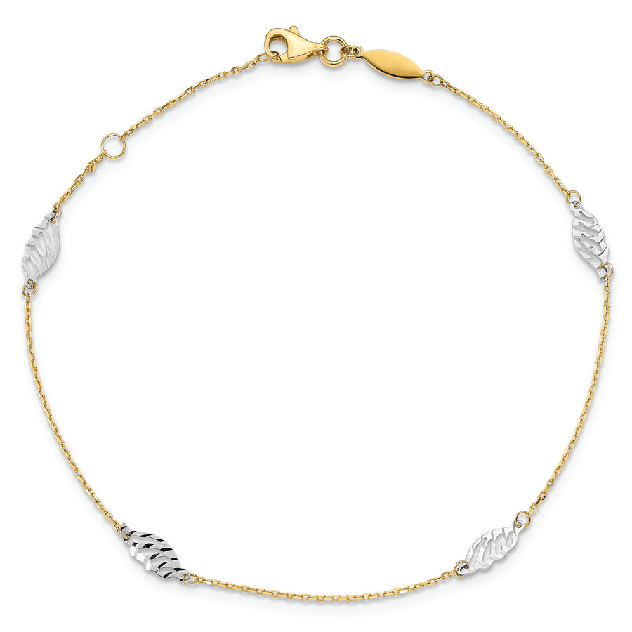 Tobillera de Oro Bicolor de 14K con Cortado a Diamante en Forma de Hoja de 9 Pulgadas + 1 Pulgada de Extensión