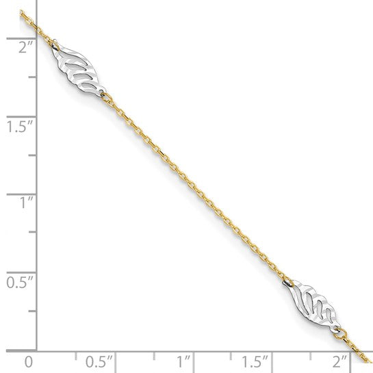 Tobillera de Oro Bicolor de 14K con Cortado a Diamante en Forma de Hoja de 9 Pulgadas + 1 Pulgada de Extensión