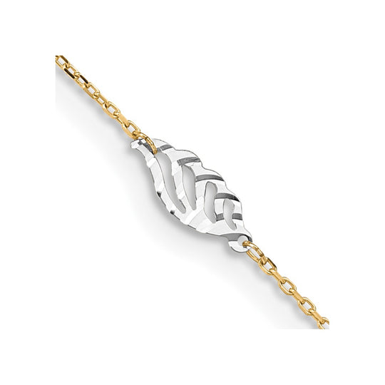 14K Two-Tone Gold Diamond-Cut Leaf Anklet, 9 Inches + 1 Inch Extension 