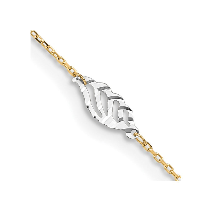 Tobillera de Oro Bicolor de 14K con Cortado a Diamante en Forma de Hoja de 9 Pulgadas + 1 Pulgada de Extensión