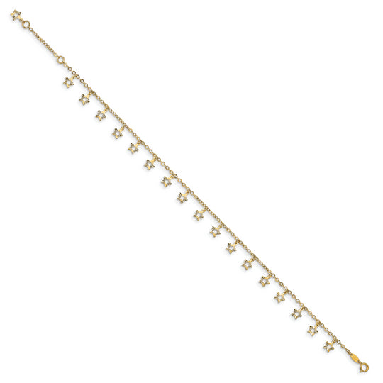 Tobillera de Oro Amarillo de 14K con Estrella Texturizada y Pulida de 9 Pulgadas Más Extensión de 1 Pulgada