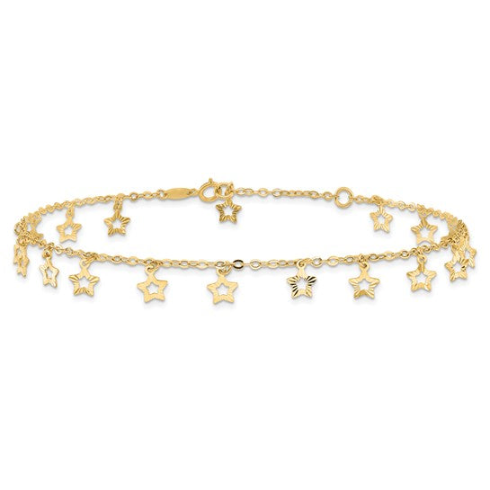 Tobillera de Oro Amarillo de 14K con Estrella Texturizada y Pulida de 9 Pulgadas Más Extensión de 1 Pulgada