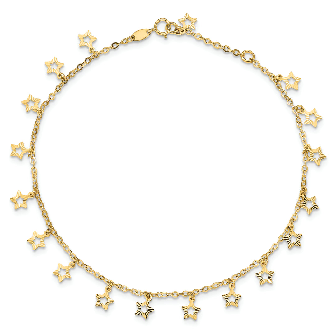Tobillera de Oro Amarillo de 14K con Estrella Texturizada y Pulida de 9 Pulgadas Más Extensión de 1 Pulgada