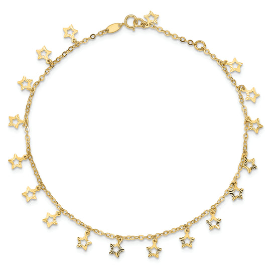 Tobillera de Oro Amarillo de 14K con Estrella Texturizada y Pulida de 9 Pulgadas Más Extensión de 1 Pulgada