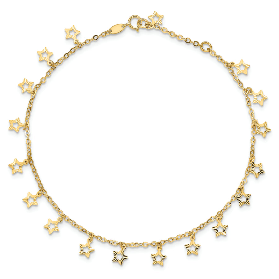 Tobillera de Oro Amarillo de 14K con Estrella Texturizada y Pulida de 9 Pulgadas Más Extensión de 1 Pulgada