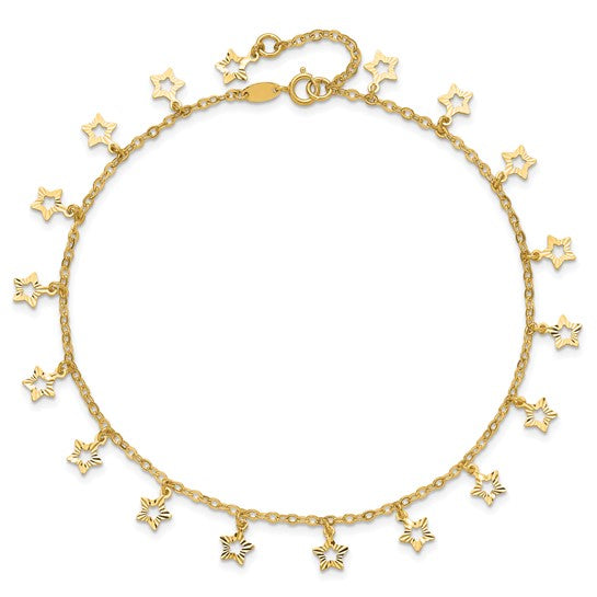 Tobillera de Oro Amarillo de 14K con Estrella Texturizada y Pulida de 9 Pulgadas Más Extensión de 1 Pulgada