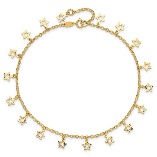 Tobillera de Oro Amarillo de 14K con Estrella Texturizada y Pulida de 9 Pulgadas Más Extensión de 1 Pulgada