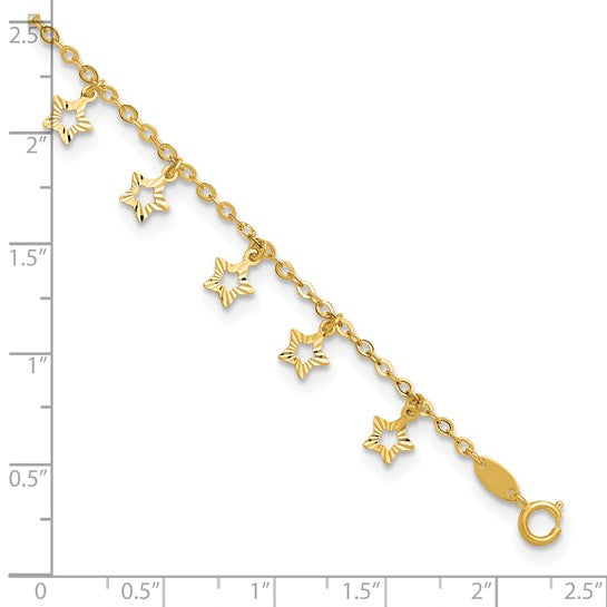 Tobillera de Oro Amarillo de 14K con Estrella Texturizada y Pulida de 9 Pulgadas Más Extensión de 1 Pulgada