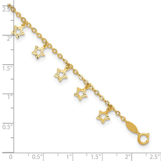 Tobillera de Oro Amarillo de 14K con Estrella Texturizada y Pulida de 9 Pulgadas Más Extensión de 1 Pulgada
