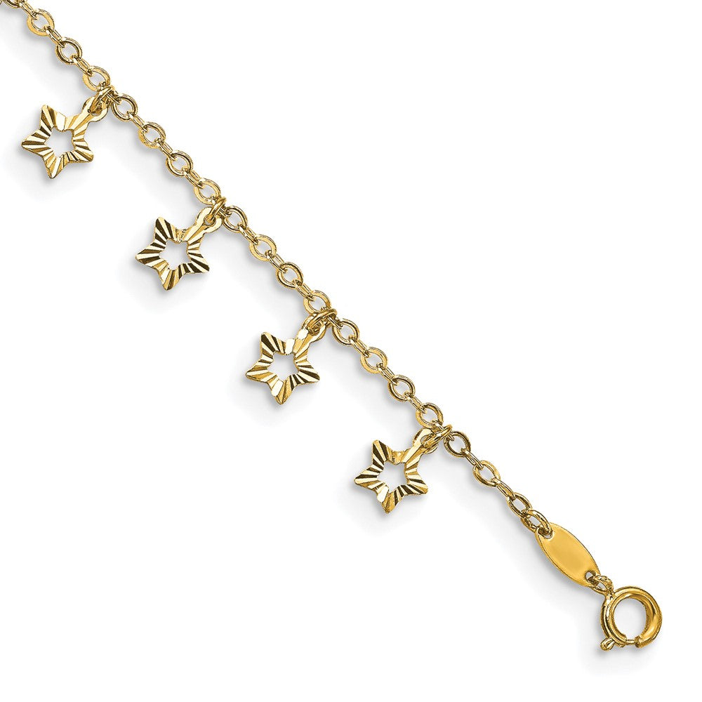 Tobillera de Oro Amarillo de 14K con Estrella Texturizada y Pulida de 9 Pulgadas Más Extensión de 1 Pulgada