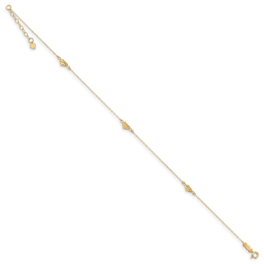 Tobillera de Oro Amarillo de 14K Pulido con Corazones Triple Inflados Cortados en Diamante de 9 Pulgadas + 1 Pulgada de Extensión