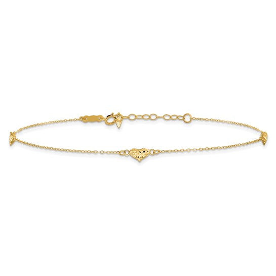 Tobillera de Oro Amarillo de 14K Pulido con Corazones Triple Inflados Cortados en Diamante de 9 Pulgadas + 1 Pulgada de Extensión