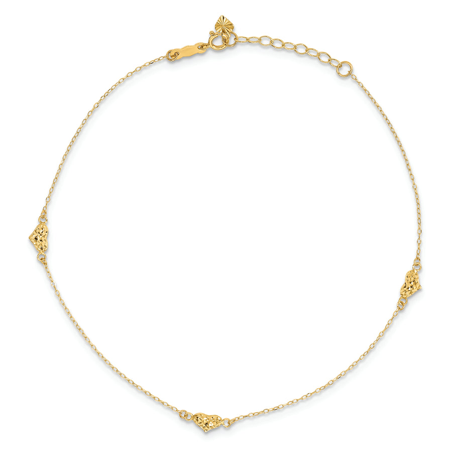 Tobillera de Oro Amarillo de 14K Pulido con Corazones Triple Inflados Cortados en Diamante de 9 Pulgadas + 1 Pulgada de Extensión