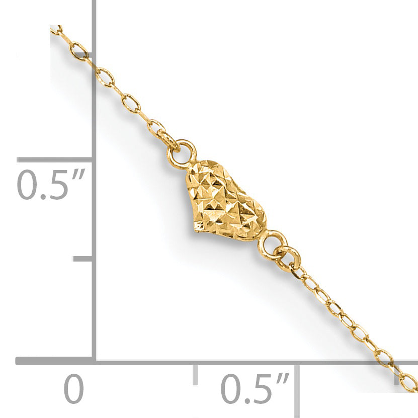 Tobillera de Oro Amarillo de 14K Pulido con Corazones Triple Inflados Cortados en Diamante de 9 Pulgadas + 1 Pulgada de Extensión