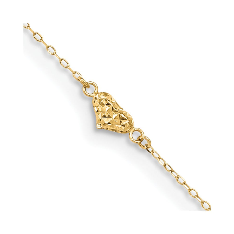 Tobillera de Oro Amarillo de 14K Pulido con Corazones Triple Inflados Cortados en Diamante de 9 Pulgadas + 1 Pulgada de Extensión