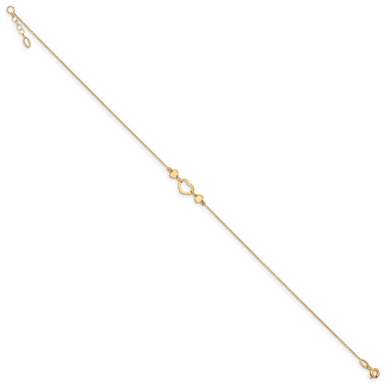 Tobillera Corazón Pulido de 14K con Extensión de 0.75 pulgadas de 10 Pulgadas