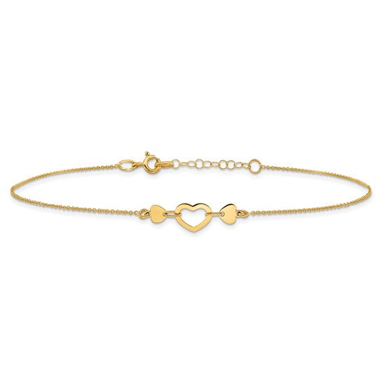 Tobillera Corazón Pulido de 14K con Extensión de 0.75 pulgadas de 10 Pulgadas