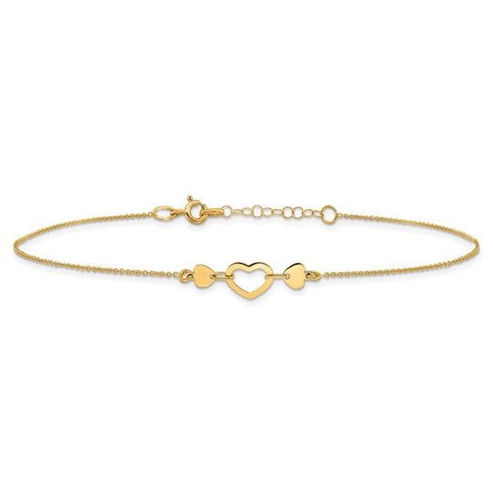 Tobillera Corazón Pulido de 14K con Extensión de 0.75 pulgadas de 10 Pulgadas