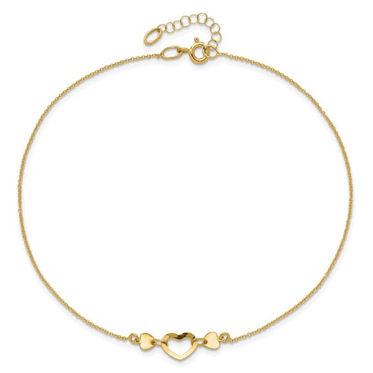 Tobillera Corazón Pulido de 14K con Extensión de 0.75 pulgadas de 10 Pulgadas