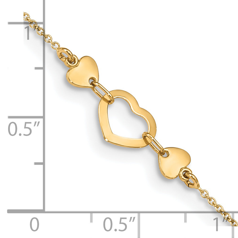 Tobillera Corazón Pulido de 14K con Extensión de 0.75 pulgadas de 10 Pulgadas