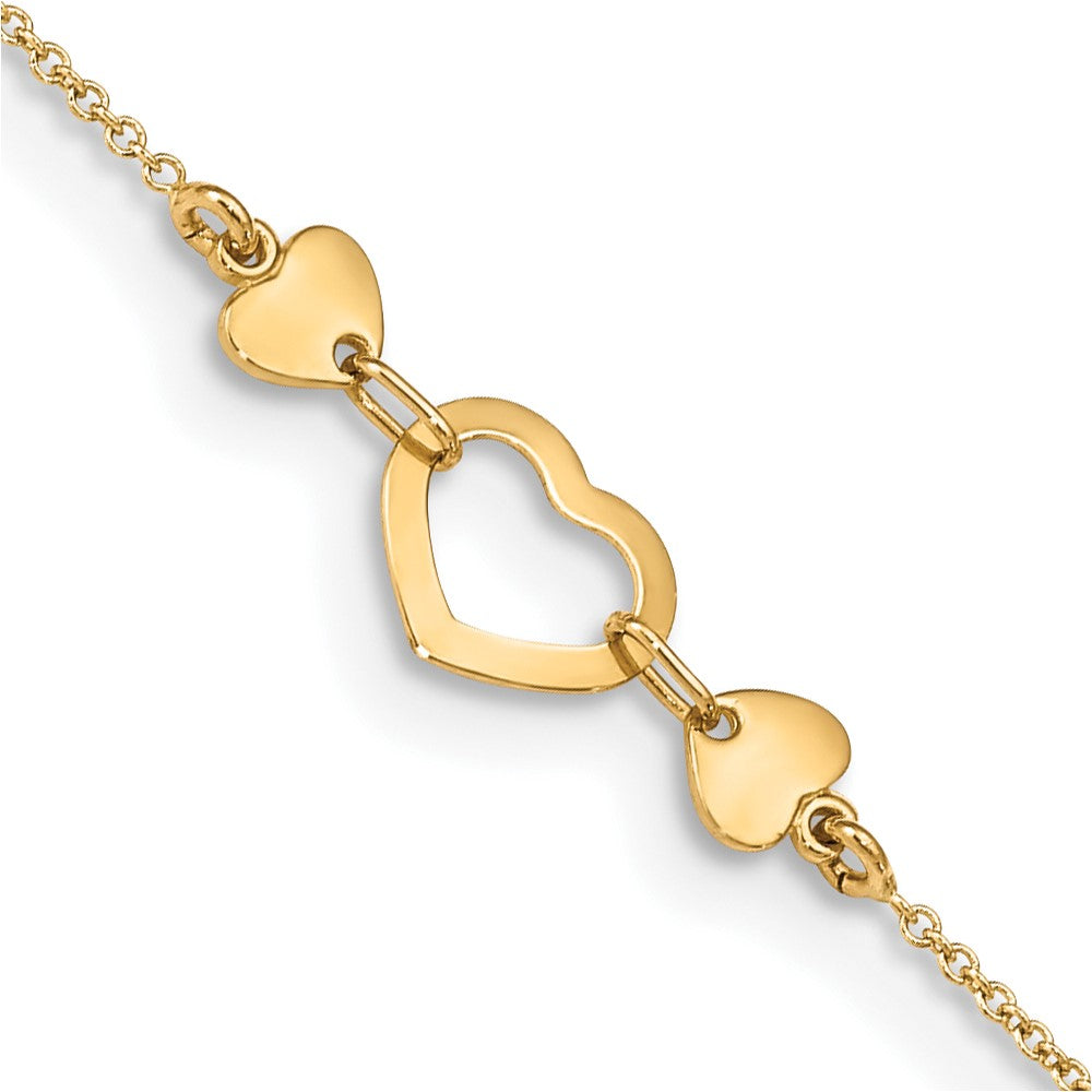 Tobillera Corazón Pulido de 14K con Extensión de 0.75 pulgadas de 10 Pulgadas