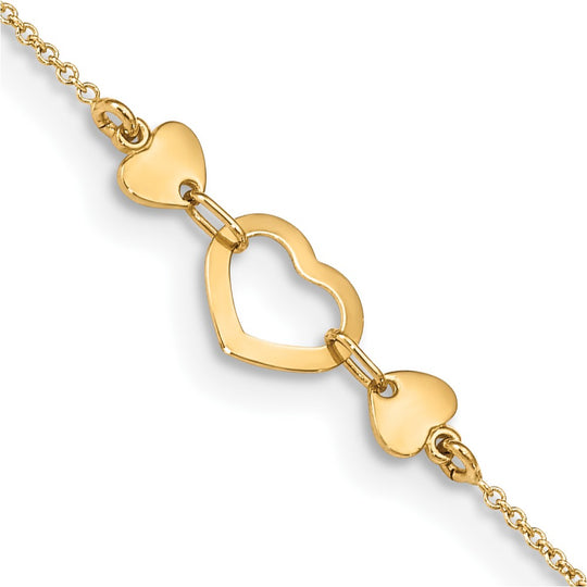 Tobillera Corazón Pulido de 14K con Extensión de 0.75 pulgadas de 10 Pulgadas