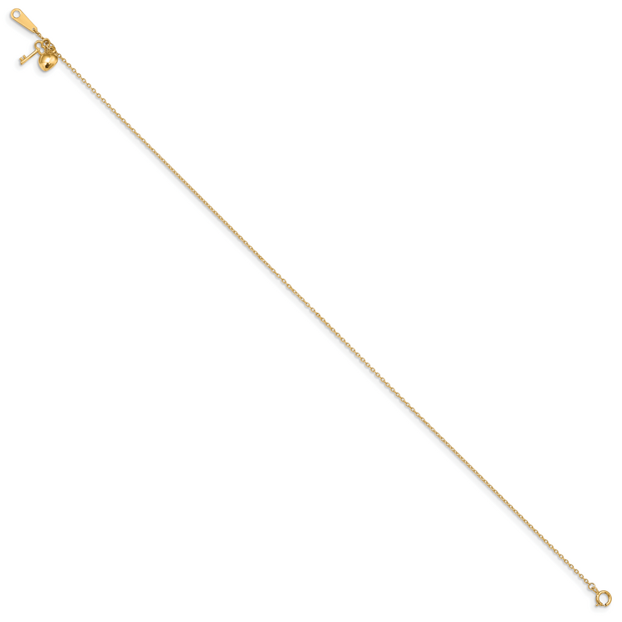 Tobillera de Corazón y Llave de Oro Amarillo 14K con Extensión de 1 Pulgada