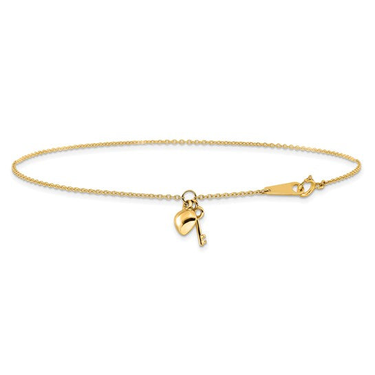 Tobillera de Corazón y Llave de Oro Amarillo 14K con Extensión de 1 Pulgada