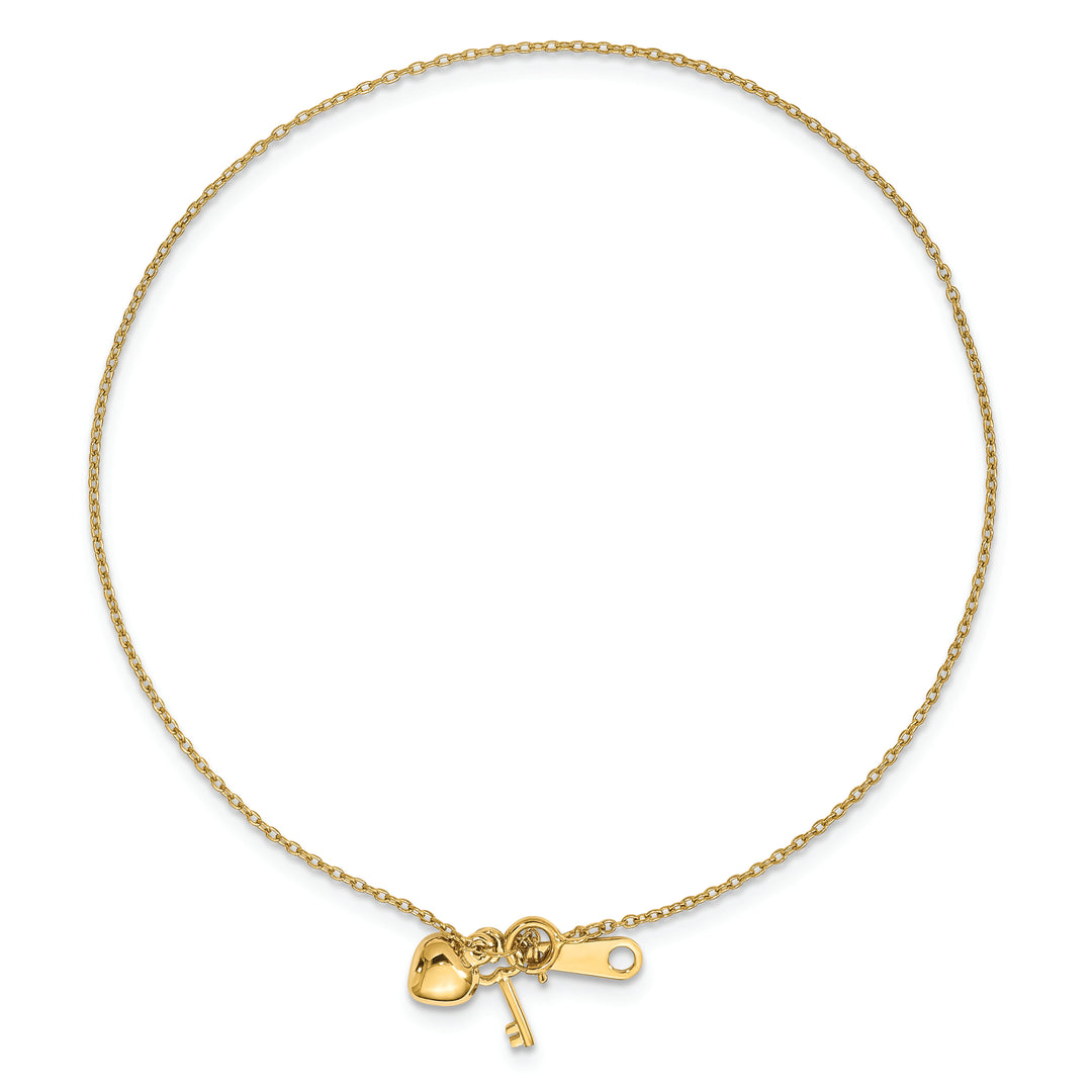 14K Yellow Gold Heart and Key Anklet with 1 Inch Extension