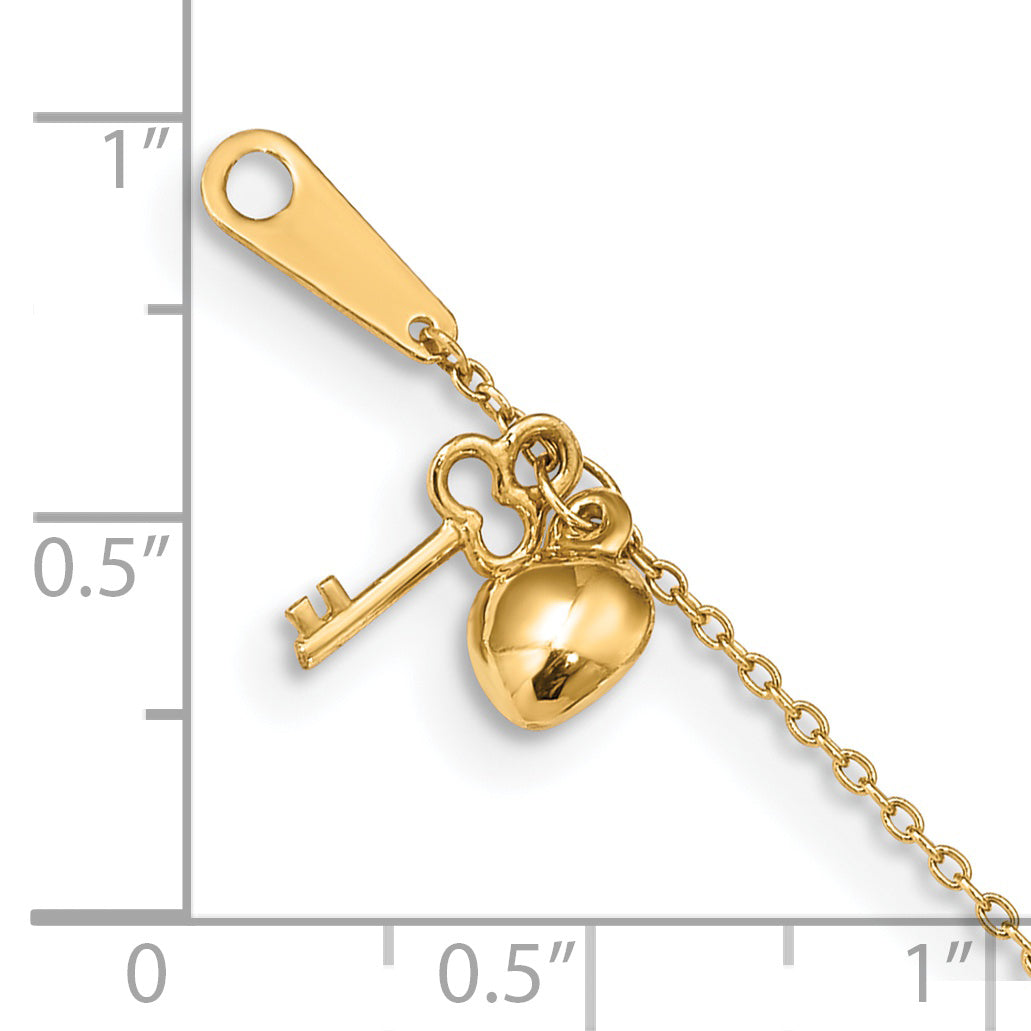 14K Yellow Gold Heart and Key Anklet with 1 Inch Extension