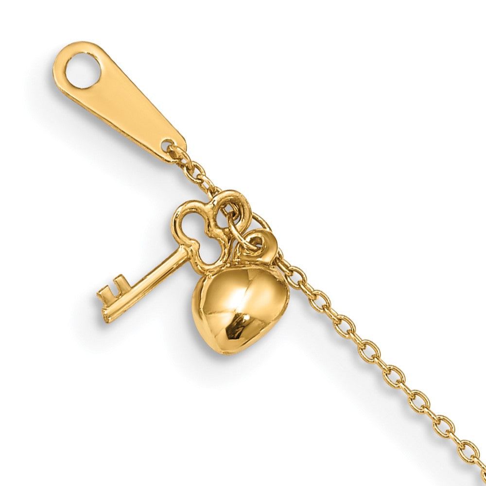 Tobillera de Corazón y Llave de Oro Amarillo 14K con Extensión de 1 Pulgada