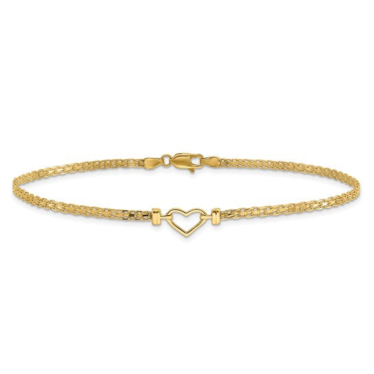 Tobillera 14K Corazón Abierto Pulido de 10 Pulgadas
