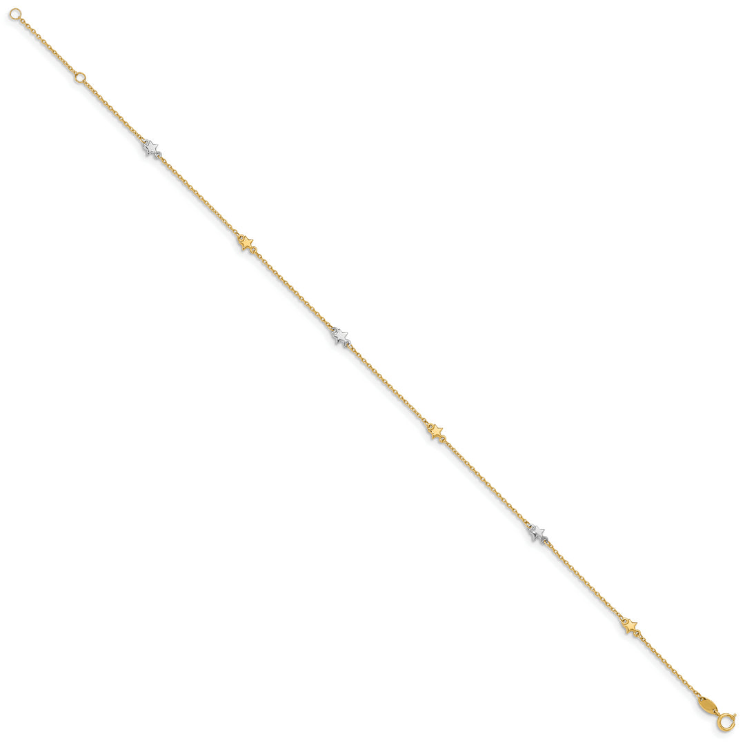 Tobillera de Oro de Dos Tonos 14K con Estrella Pulida de 10 Pulgadas + 1 Pulgada de Extensor