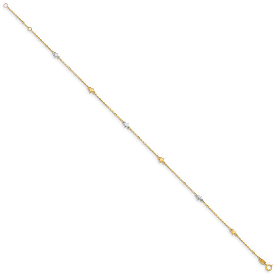 Tobillera de Oro de Dos Tonos 14K con Estrella Pulida de 10 Pulgadas + 1 Pulgada de Extensor