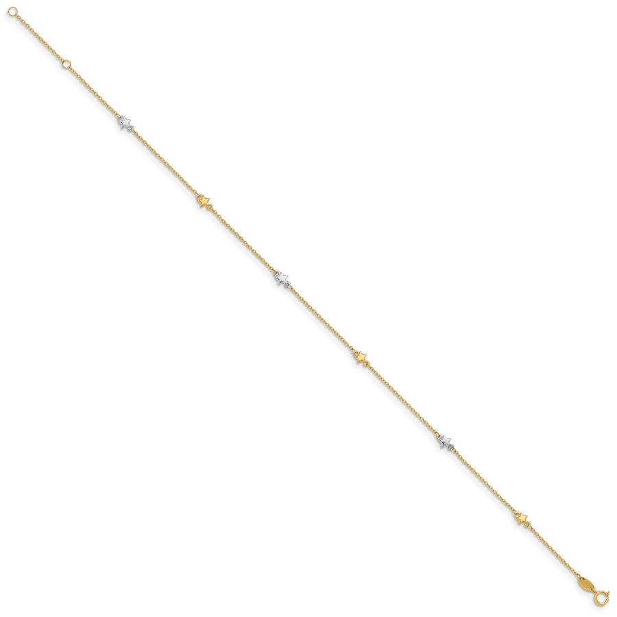Tobillera de Oro de Dos Tonos 14K con Estrella Pulida de 10 Pulgadas + 1 Pulgada de Extensor