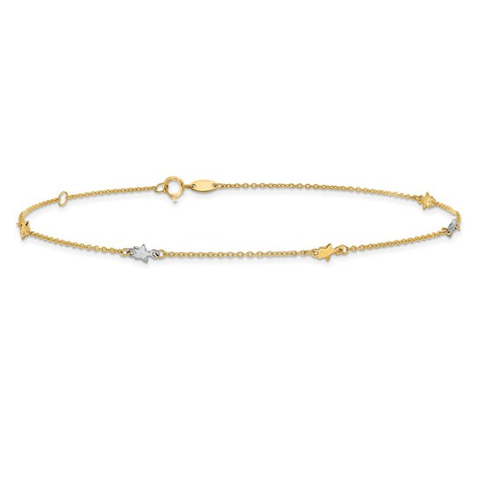 Tobillera de Oro de Dos Tonos 14K con Estrella Pulida de 10 Pulgadas + 1 Pulgada de Extensor