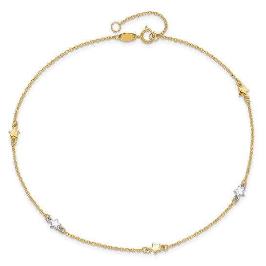Tobillera de Oro de Dos Tonos 14K con Estrella Pulida de 10 Pulgadas + 1 Pulgada de Extensor