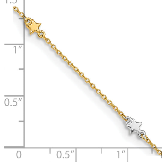 Tobillera de Oro de Dos Tonos 14K con Estrella Pulida de 10 Pulgadas + 1 Pulgada de Extensor