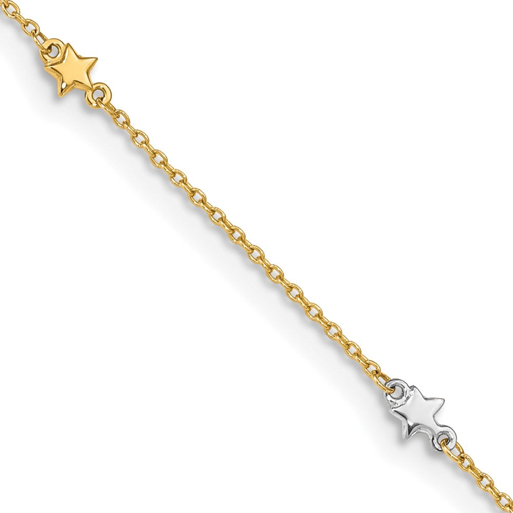 Tobillera de Oro de Dos Tonos 14K con Estrella Pulida de 10 Pulgadas + 1 Pulgada de Extensor