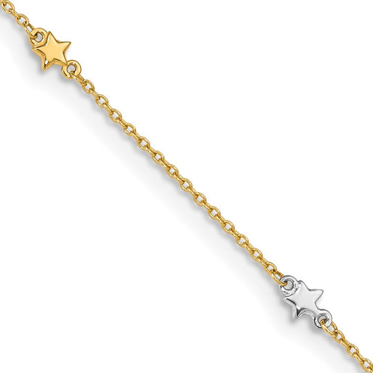 Tobillera de Oro de Dos Tonos 14K con Estrella Pulida de 10 Pulgadas + 1 Pulgada de Extensor