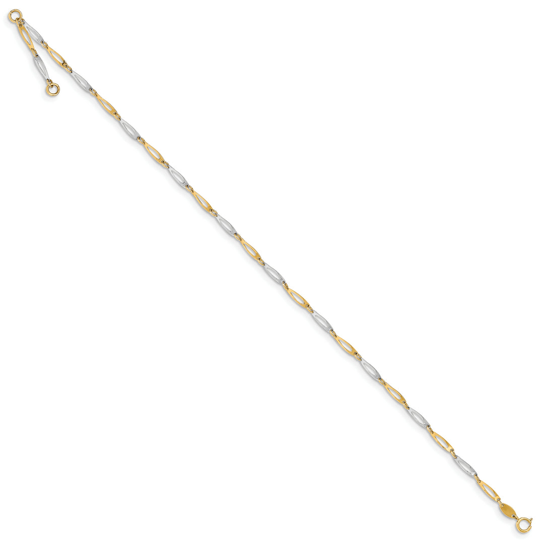Tobillera de 14K de Eslabones Pulidos Bicolor de 9.5 Pulgadas más 1 Pulgada de Extensión