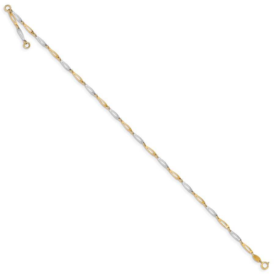 Tobillera de 14K de Eslabones Pulidos Bicolor de 9.5 Pulgadas más 1 Pulgada de Extensión