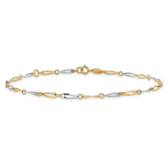 Tobillera de 14K de Eslabones Pulidos Bicolor de 9.5 Pulgadas más 1 Pulgada de Extensión