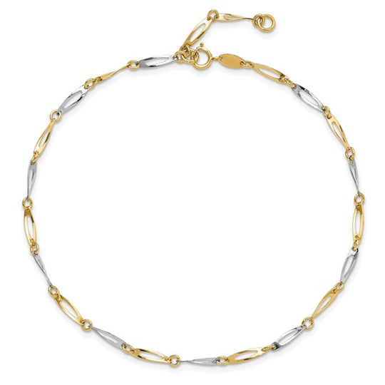 Tobillera de 14K de Eslabones Pulidos Bicolor de 9.5 Pulgadas más 1 Pulgada de Extensión
