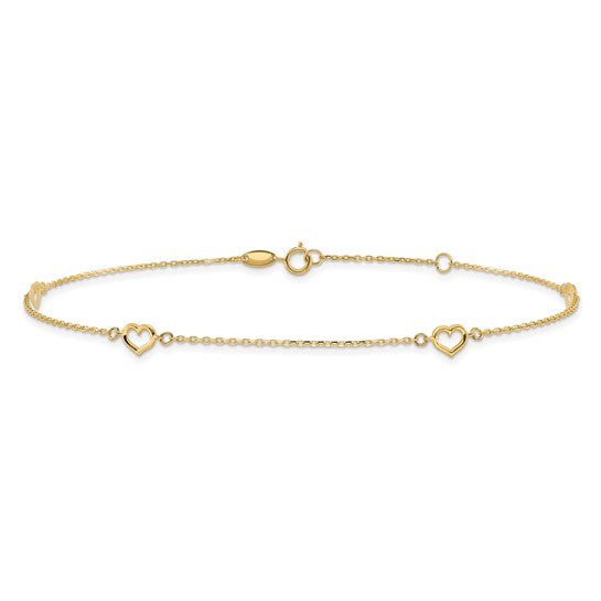 Tobillera de Corazón 14K de 10 Pulgadas con Extensión de 1 Pulgada