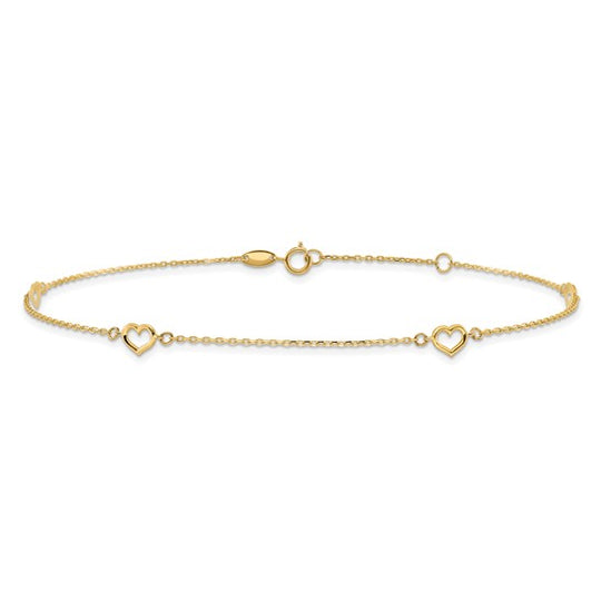 Tobillera de Corazón 14K de 10 Pulgadas con Extensión de 1 Pulgada