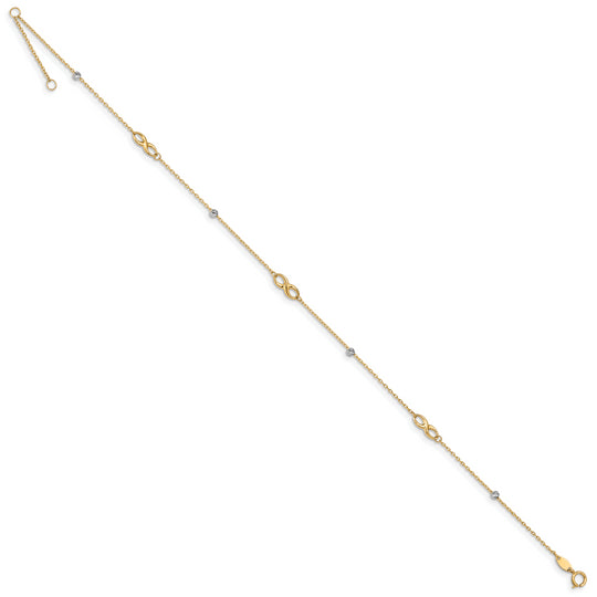 Tobillera 14K Dos Tonos con Cuentas y Elementos en Forma de Infinito, 10 Pulgadas + 1 Pulgada de Extensión